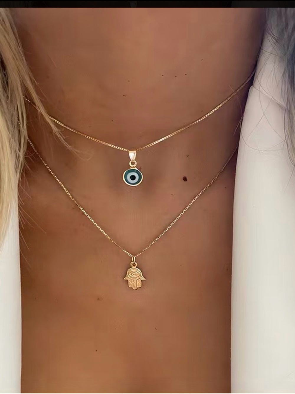 Gold Hamsa and Blue Evil Eye Layered Necklace - Women Jewelry